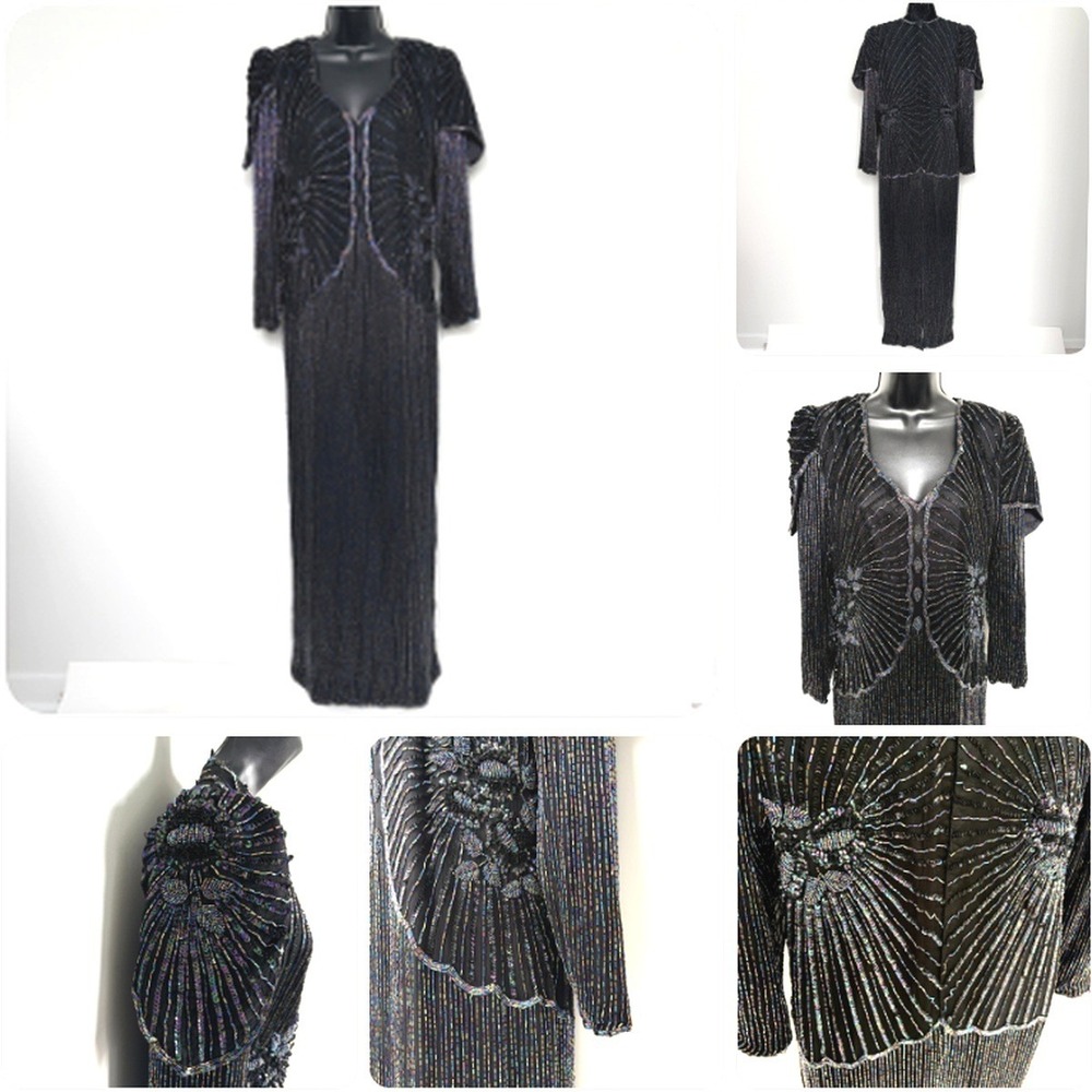 VTG Beaded Art Deco Gatsby Glam Iridescent Maxi Gown XS Gown Creative Creations